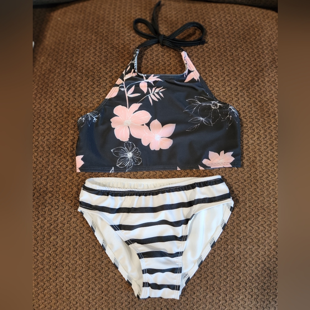 Pixie Girl Girl's Halter Bikini Black & Pink Floral & Stripe Size 10/12 NWT - Picture 2 of 5